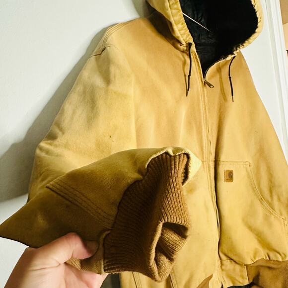 CARHARTT Brown Canvas Hooded Black Quilted Lining Bomber Work Jacket Size XL - Picture 5 of 11